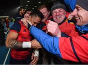 14 January 2017; Francis Saili of Munster celebrates with supporters following the European Rugby Champions Cup pool 1 round 5 match between Glasgow Warriors and Munster at Scotstoun Stadium in Glasgow, Scotland. Photo by Stephen McCarthy/Sportsfile
