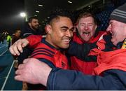 14 January 2017; Francis Saili of Munster celebrates with supporters following the European Rugby Champions Cup pool 1 round 5 match between Glasgow Warriors and Munster at Scotstoun Stadium in Glasgow, Scotland. Photo by Stephen McCarthy/Sportsfile