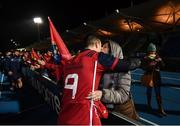 14 January 2017; Conor Murray of Munster is congratulated by his mother Barbara following the European Rugby Champions Cup pool 1 round 5 match between Glasgow Warriors and Munster at Scotstoun Stadium in Glasgow, Scotland. Photo by Stephen McCarthy/Sportsfile