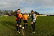 14 January 2017; Team captains Stephen McNamara, right, of Ballynanty Rovers and Rory Byrne of Rush Athletic with referee Declan Troy before the game. FAI Junior Cup in association with Aviva and Umbro – Round 6 Match, Rush Athletic v Ballynanty Rovers, St Catherine’s Park, Rush, Dublin. Televised for Eir Sport and Irish TV. The FAI Junior Cup Final will take place at Aviva Stadium on the 13th May 2016 - #RoadToAviva.  Photo by Brendan Moran/Sportsfile