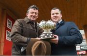 15 January 2017; Eddie O'Leary of Gigginstown House Stud and trainer Gordon Elliott with the trophy following Ball D'Arc's victory in the Bar One Racing Dan Moore Memorial Handicap Steeplechase during the Fairyhouse Races in Fairyhouse, Co. Meath. Photo by David Fitzgerald/Sportsfile