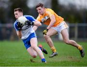 15 January 2017; Michael Bannigan of Monaghan in action against Conor Hamill of Antrim during the Bank of Ireland Dr. McKenna Cup Section B Round 2 match between Antrim and Monaghan at Glenavy in Co. Antrim. Photo by Mark Marlow/Sportsfile
