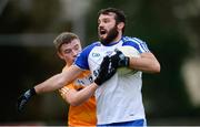 15 January 2017; Owen Coyle of Monaghan in action against Pat Brannigan of Antrim during the Bank of Ireland Dr. McKenna Cup Section B Round 2 match between Antrim and Monaghan at Glenavy in Co. Antrim. Photo by Mark Marlow/Sportsfile