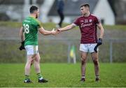 15 January 2017; Cillian McDaid of Galway is congratulated by Gary Reynolds of Leitrim following his side's victory during the Connacht FBD League Section B Round 2 match between Leitrim and Galway at Sean O’Heslin Park in Ballinamore, Co Leitrim. Photo by Seb Daly/Sportsfile
