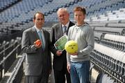 7 June 2011; Uachtarán CLG Criostóir Ó Cuana with Dr. Larry O'Connell, Chairman of the National Urban Development Committee, left, and Sligo footballer Charlie Harrison, right, after a press conference to confirm that as part of the GAA's National Strategic and Vision Plan the Association will invest 200,000 euro in its National Urban Programme as efforts to raise the profile of Gaelic Games and participation levels in urban bases accross the island continue. GAA’s Urban Programme, Croke Park, Dublin. Picture credit: Pat Murphy / SPORTSFILE