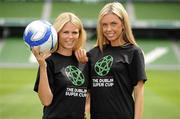 9 June 2011; Models Karena Graham and  Eva Grasse, right, during a photocall ahead of the announcement that Damien Richardson is to be confirmed as the manager of the Airtricity XI for the inaugural 2011 Dublin Super Cup where they will play Celtic FC and Manchester City FC. Inter Milan will also be competing at the tournament. To purchase tickets, please visit www.dublinsupercup.com or ring Ticketmaster on 0818 719391. Airtricity League XI Manager Announcement, Aviva Stadium, Lansdowne Road, Dublin. Picture credit: Pat Murphy / SPORTSFILE