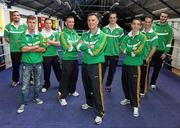 10 June 2011; The Irish Amateur Boxing Association named its team to compete at the European Championships in Ankara, Turkey, which begin on June 16. At the Announcement of Irish Team are, from left, Cathal McMonagle, 91+ Kg, Michael McDonagh, 60Kg, Ray Moylett, 64Kg, John Joe Nevin, 56Kg, Billy Walsh, head coach, Darren O'Neill, 75Kg, Michael Conlan, 52Kg, Willie McLaughlin, 69Kg, and Con Sheehan, 91Kg. High Performance Gym, National Stadium, South Circular Road, Dublin. Picture credit: Stephen McCarthy / SPORTSFILE