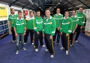 10 June 2011; The Irish Amateur Boxing Association named its team to compete at the European Championships in Ankara, Turkey, which begin on June 16. At the Announcement of Irish Team are, from left, Cathal McMonagle, 91+ Kg, Michael McDonagh, 60Kg, Ray Moylett, 64Kg, John Joe Nevin, 56Kg, Billy Walsh, head coach, Darren O'Neill, 75Kg, Michael Conlan, 52Kg, Willie McLaughlin, 69Kg, and Con Sheehan, 91Kg. High Performance Gym, National Stadium, South Circular Road, Dublin. Picture credit: Stephen McCarthy / SPORTSFILE