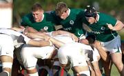 10 April 2011; Ireland's, from left to right, James Tracy, Niall Annett and Tadhg Furlong prepare for a scrum. IRB Junior World Championships Pool C, Ireland v England, Stadio Communale di Monigo, Treviso, Italy. Picture credit: Roberto Bregani / SPORTSFILE