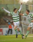 10 June 2011; Gary Twigg, Shamrock Rovers, celebrates after scoring his side's first goal, with team-mate Chris Turner,18. Airtricity League Premier Division, UCD v Shamrock Rovers, Belfield Bowl, UCD, Dublin. Picture credit: Matt Browne / SPORTSFILE