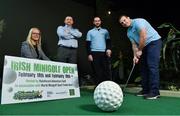 17 January 2017; At the announcement of the inaugural Irish Minigolf Open in Rainforest Adventure Golf, Dublin, is Leinster and Ireland rugby player Sean Cronin with, from left, Marjut Ellis, Make-A-Wish Foundation, Darren O'Toole, General Manager, Rainforest Adventure Golf and minigolfer Greg Keeley. This is Ireland’s first World Minigolf Federation event and it takes place across Saturday February 18th and Sunday February 19th, in Rainforest Adventure Golf. With two titles up for grabs; Irish Open Champion and Irish National Champion, Rainforest are encouraging players of all levels to compete, where they will then get the chance to cash in on a prize fund in excess of €3,500. Interested golfers are encouraged to register online via the Rainforest Adventure Golf Facebook page at www.facebook.com/RainforestAdventureGolf/. Rainforest Adventure Golf are subsidising 50% off the fee for local players to encourage participation. The competition is open to both males and females aged 16 years or older. Rainforest Adventure Golf, Dundrum, Co Dublin. Photo by Brendan Moran/Sportsfile