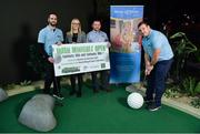 17 January 2017; At the announcement of the inaugural Irish Minigolf Open in Rainforest Adventure Golf, Dublin, is Leinster and Ireland rugby player Sean Cronin with, from left, minigolfer Greg Keeley, Marjut Ellis, Make-A-Wish Foundation, Darren O'Toole, General Manager, Rainforest Adventure Golf. This is Ireland’s first World Minigolf Federation event and it takes place across Saturday February 18th and Sunday February 19th, in Rainforest Adventure Golf. With two titles up for grabs; Irish Open Champion and Irish National Champion, Rainforest are encouraging players of all levels to compete, where they will then get the chance to cash in on a prize fund in excess of €3,500. Interested golfers are encouraged to register online via the Rainforest Adventure Golf Facebook page at www.facebook.com/RainforestAdventureGolf/. Rainforest Adventure Golf are subsidising 50% off the fee for local players to encourage participation. The competition is open to both males and females aged 16 years or older. Rainforest Adventure Golf, Dundrum, Co Dublin. Photo by Brendan Moran/Sportsfile