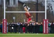 17 January 2017; Glenstal Abbey supporter Darren Halpenny performs some acrobatics during half time of the Clayton Hotels Munster Schools Senior Cup 1st Round match between Glenstal Abbey and St. Clement's College at the University of Limerick in Limerick. Photo by Diarmuid Greene/Sportsfile