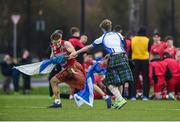 17 January 2017; Glenstal Abbey supporter Darren Halpenny and St. Clement's College supporter Eoghan Herdman tussle for possession of a St. Clement's College flag during half time of the Clayton Hotels Munster Schools Senior Cup 1st Round match between Glenstal Abbey and St. Clement's College at the University of Limerick in Limerick. Photo by Diarmuid Greene/Sportsfile