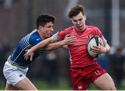 17 January 2017; Ronan Quinn of Glenstal Abbey is tackled by James Neville of St. Clement's College during the Clayton Hotels Munster Schools Senior Cup 1st Round match between Glenstal Abbey and St. Clement's College at the University of Limerick in Limerick. Photo by Diarmuid Greene/Sportsfile