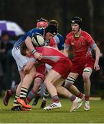 17 January 2017; Dylan Daly of St. Clement's College is tackled by Patrick Prendergast of Glenstal Abbey during the Clayton Hotels Munster Schools Senior Cup 1st Round match between Glenstal Abbey and St. Clement's College at the University of Limerick in Limerick. Photo by Diarmuid Greene/Sportsfile