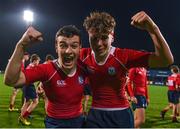 17 January 2017; Fionn Jones, left, and team-mate Sean Andrews of CUS celebrate following the Bank of Ireland Fr Godfrey Cup Round 2 match between CUS and The High School at Donnybrook Stadium in Donnybrook, Dublin. Photo by Cody Glenn/Sportsfile