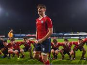 17 January 2017; CUS captain Barray Mangan fires up his team-mates after victory in the Bank of Ireland Fr Godfrey Cup Round 2 match between CUS and The High School at Donnybrook Stadium in Donnybrook, Dublin. Photo by Cody Glenn/Sportsfile