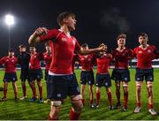 17 January 2017; CUS captain Barray Mangan fires up his team-mates after victory in the Bank of Ireland Fr Godfrey Cup Round 2 match between CUS and The High School at Donnybrook Stadium in Donnybrook, Dublin. Photo by Cody Glenn/Sportsfile