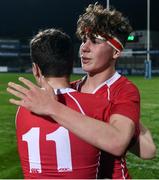 17 January 2017; Sean Andrews of CUS hugs team-mate Fionn Jones after victory in the Bank of Ireland Fr Godfrey Cup Round 2 match between CUS and The High School at Donnybrook Stadium in Donnybrook, Dublin. Photo by Cody Glenn/Sportsfile