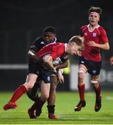 17 January 2017; Benjamin McGovern of CUS is tackled by Liam Irwin of The High School during the Bank of Ireland Fr Godfrey Cup Round 2 match between CUS and The High School at Donnybrook Stadium in Donnybrook, Dublin. Photo by Cody Glenn/Sportsfile