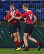17 January 2017; Finn Howley, left, of CUS is congratulated by team-mate Jake Costello after scoring his side's third try during the Bank of Ireland Fr Godfrey Cup Round 2 match between CUS and The High School at Donnybrook Stadium in Donnybrook, Dublin. Photo by Cody Glenn/Sportsfile