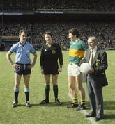 16 September 1979; Referee Hugh Duggan with Dublin captain Tony Hanahoe and Kerry captain Tim Kennelly and Frank Hughes, right, holding the match ball before the start of the game. GAA Football All-Ireland Senior Championship Final, Dublin v Kerry, Croke Park, Dublin. Picture credit: Connolly Collection / SPORTSFILE