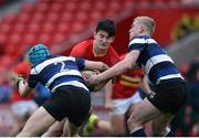 18 January 2017; Joe Harrington of Christian Brothers College is tackled by Eoghan O'Halloran, left, and Bryan Fitzgerald, right, of Crescent College Comp during the Clayton Hotels Munster Schools Senior Cup 1st Round match between Christian Brothers College and Crescent College Comp at Irish Independent Park in Cork. Photo by Eóin Noonan/Sportsfile