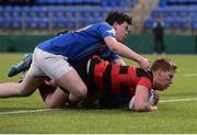 18 January 2017; Stephen Gray of Kilkenny College scores his side's second try despite the defence of Jonathan Charles of Wilsons Hospital during the Bank of Ireland Vinnie Murray Cup Round 2 match between Kilkenny College and Wilsons Hospital at Donnybrook Stadium in Donnybrook, Dublin. Photo by Cody Glenn/Sportsfile