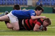 18 January 2017; Stephen Gray of Kilkenny College scores his side's second try despite the tackle of Jonathan Charles of Wilsons Hospital during the Bank of Ireland Vinnie Murray Cup Round 2 match between Kilkenny College and Wilsons Hospital at Donnybrook Stadium in Donnybrook, Dublin. Photo by Cody Glenn/Sportsfile