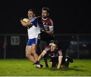 18 January 2017; Dermot Malone of Monaghan in action against Kevin McKernan and Kyle Mallon of St Mary's during the Bank of Ireland Dr. McKenna Cup Section B Round 3 match between Monaghan and St Mary's at Inniskeen in Co. Monaghan. Photo by Philip Fitzpatrick/Sportsfile