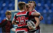 19 January 2017; Sam Darley of Wesley College is congratuled by team-mate Gary Hawe, left, after scoring a first half try during the Bank of Ireland Vinnie Murray Cup Round 2 match between Wesley College and Gormanston College at Donnybrook Stadium in Dublin. Photo by Piaras Ó Mídheach/Sportsfile