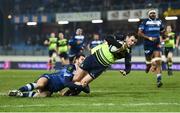 20 January 2017; Robbie Henshaw of Leinster scores his side's first try despite the tackle of Julien Dumora of Castres during the European Rugby Champions Cup Pool 4 Round 6 match between Castres and Leinster at Stade Pierre Antoine in Castres, France. Photo by Stephen McCarthy/Sportsfile