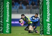 20 January 2017; Robbie Henshaw of Leinster goes over to score his side's second try despite the tackle of Steve Mafi of Castres during the European Rugby Champions Cup Pool 4 Round 6 match between Castres and Leinster at Stade Pierre Antoine in Castres, France. Photo by Stephen McCarthy/Sportsfile