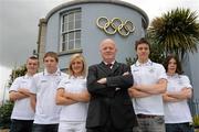 15 June 2011; The Olympic Council of Ireland has selected a strong squad to represent Ireland in five sports at next month's 11th European Youth Olympics Festival being held in Trabzon, Turkey. Over 2,000 of the best young athletes in Europe will compete in this key multi-sport event on the Black Sea – an important competition in the development of young athletes for future Olympic participation. In attendance at the announcemnet are, from left, Marcus Lawler, 200m, athletics, Brendan Givens, 1500m freestyle, swimming, Sarah Lavin, 100m hurdles, athletics, Tom Rafter, Chef de Mission, Brian O'Sullivan, 100m backstroke and 50m freestyle, swimming, and Sean O'Brien, 200m Individual medley, swimming. European Youth Olympics Festival Team Announcement, The Olympic Council of Ireland, Olympic House, Howth, Co. Dublin. Picture credit: Pat Murphy / SPORTSFILE