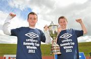17 June 2011; NDSL goalscorer Paddy Roche, left, and captain Gavin Kearney celebrate with the Kennedy Cup after victory over DDSL. 2011 Kennedy Cup Final, Dublin and District Schoolboys League  v North Dublin Schoolboys League, University of Limerick, Limerick. Picture credit: Diarmuid Greene / SPORTSFILE