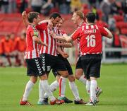 17 June 2011; Derry City's Eamon Zayed, centre, is congratulated by team-mates, from left to right, Patrick  McEleney, Barry Molloy, Stewart Greacen and Ruairdhi Higgins after scoring his side's second goal. Airtricity League Premier Division, Derry City v Bohemians, Brandywell, Derry. Picture credit: Oliver McVeigh / SPORTSFILE