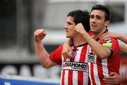 17 June 2011; Derry City's Gareth McGlynn, left, celebrates after scoring his side's first goal with team-mate Daniel Lafferty. Airtricity League Premier Division, Derry City v Bohemians, Brandywell, Derry. Picture credit: Oliver McVeigh / SPORTSFILE