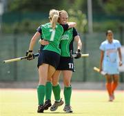 18 June 2011; Nikki Symmons, right, Ireland, is congratulated on scoring her side's first goal by team-mate Emma Clarke. ESB Electric Ireland Champions Challenge, Ireland v India, National Hockey Stadium, UCD, Belfield, Dublin. Picture credit: Brendan Moran / SPORTSFILE