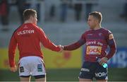 21 January 2017; Paddy Jackson of Ulster and Ian Madigan of Bordeaux-Begles meet before the European Rugby Champions Cup Pool 5 Round 6 match between Ulster and Bordeaux-Begles at Kingspan Stadium in Belfast. Photo by Oliver McVeigh/Sportsfile