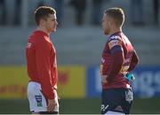 21 January 2017; Paddy Jackson of Ulster and Ian Madigan of Bordeaux-Begles meet before the European Rugby Champions Cup Pool 5 Round 6 match between Ulster and Bordeaux-Begles at Kingspan Stadium in Belfast. Photo by Oliver McVeigh/Sportsfile