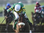21 January 2017; Thirsty Work with Barry Geraghty up,  on their way to winning the 2017 Navan Membership Rated Novice Hurdle after jumping the last during the Navan Races at Navan in Co. Meath.   Photo by Matt Browne/Sportsfile