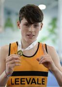 21 January 2017; Harry Nevin of Leevale A.C. with his medal after winning the Boys U14 Pentathlon during the Irish Life Health National Indoor Combined Events Championships at AIT International Arena in Athlone, Co. Westmeath. Photo by Eóin Noonan/Sportsfile