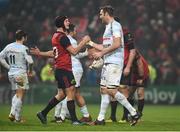 21 January 2017; Tyler Bleyendaal of Munster exchanges a handshake with fellow New Zealander Ali Williams of Racing 92 after the European Rugby Champions Cup Pool 1 Round 6 match between Munster and Racing 92 at Thomond Park in Limerick. Photo by Diarmuid Greene/Sportsfile