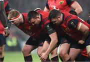 21 January 2017; The Munster front row of John Ryan, Niall Scannell, and Dave Kilcoyne prepare for a scrum during the European Rugby Champions Cup Pool 1 Round 6 match between Munster and Racing 92 at Thomond Park in Limerick. Photo by Diarmuid Greene/Sportsfile