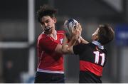 17 January 2017; Benjamin White of CUS is tackled by Ben Hopkins of The High School during the Bank of Ireland Fr Godfrey Cup Round 2 match between CUS and The High School at Donnybrook Stadium in Donnybrook, Dublin. Photo by Cody Glenn/Sportsfile