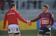 21 January 2017; Paddy Jackson of Ulster, left, and Ian Madigan of Bordeaux-Begles meet before the European Rugby Champions Cup Pool 5 Round 6 match between Ulster and Bordeaux-Begles at Kingspan Stadium in Belfast. Photo by Oliver McVeigh/Sportsfile