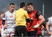 21 January 2017; Referee Marius Mitrea in conversation with Munster captain Peter O'Mahony during the European Rugby Champions Cup Pool 1 Round 6 match between Munster and Racing 92 at Thomond Park in Limerick. Photo by Diarmuid Greene/Sportsfile