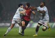 21 January 2017; Tyler Bleyendaal of Munster is tackled by Etienne Dussartre, left, and Leone Nakarawa of Racing 92 during the European Rugby Champions Cup Pool 1 Round 6 match between Munster and Racing 92 at Thomond Park in Limerick. Photo by Diarmuid Greene/Sportsfile