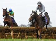 22 January 2017; Eventual winner Justmemyselfandi, left, with Brian O'Connell up, jumps the last behind eventual third placed Capital Force, with Ruby Walsh up, on their way to winning The Coral.ie 'Best Price Guaranteed On Irish Racing' Maiden Hurdle during the Leopardstown Races at Leopardstown Racecourse in Dublin. Photo by Cody Glenn/Sportsfile